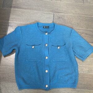 Blue Short Sleeve Cardigan Sweater